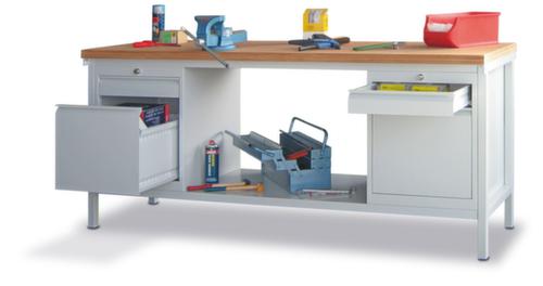 PAVOY Établi avec piètement en gris clair et panneau multiplis hêtre, 4 tiroirs, 1 tablette, RAL7035 gris clair/RAL7035 gris clair