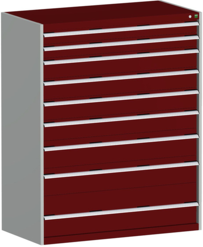 bott Armoire à tiroirs cubio surface de base 1300x650 mm, 9 tiroir(s), RAL7035 gris clair/RAL3004 rouge pourpre