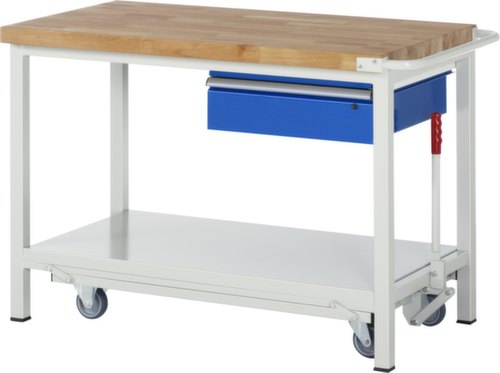 RAU établi Serie 8000 de type rabattable, 1 tiroir, 1 tablette, 1 barre de poussée, RAL7035 gris clair/RAL5010 bleu gentiane