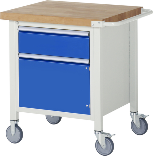 RAU Établi mobile Serie 8000, 1 tiroir, 1 armoire, 1 barre de poussée, RAL7035 gris clair/RAL5010 bleu gentiane