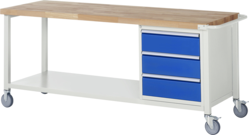 RAU Établi mobile Serie 8000, 3 tiroirs, 1 tablette, 1 barre de poussée, RAL7035 gris clair/RAL5010 bleu gentiane