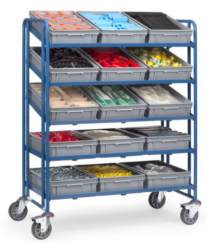 fetra Chariot à étagères avec plateaux droits et inclinés, force 300 kg, 5 plateaux