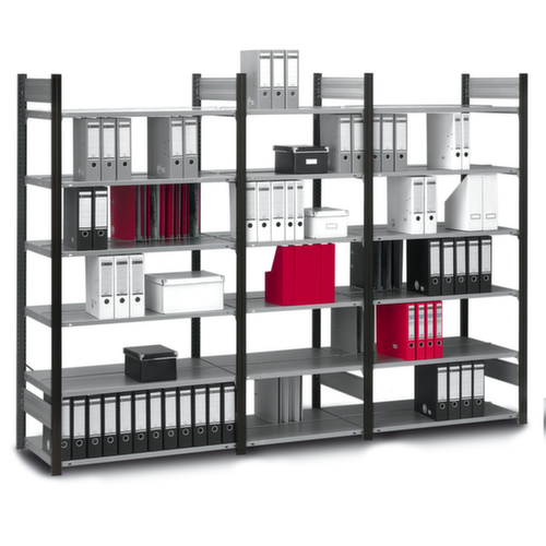 hofe Porte-documents sans vis Zone de fixation pour une utilisation des deux côtés, 7 tablettes, RAL9005 noir foncé/RAL9006 aluminium blanc