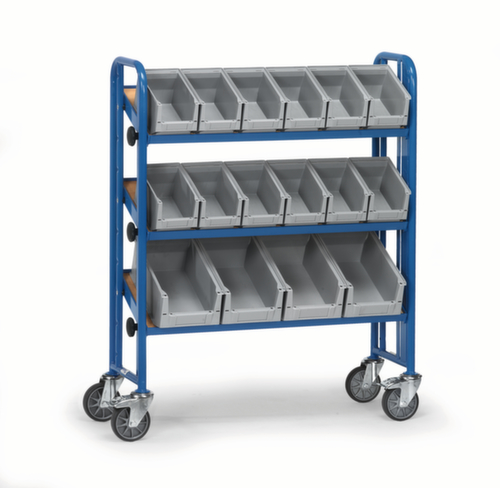 fetra Chariot à étagères avec tablettes et bacs inclinables, force 250 kg, 3 plateaux