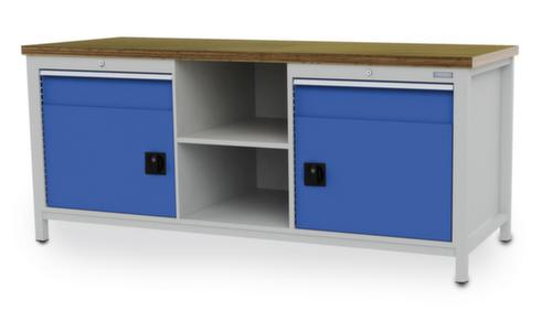 Bedrunka + Hirth Etabli avec plateau en hêtre massif Piétement en plusieurs couleurs, 2 tiroirs, 2 armoires, 2 tablettes