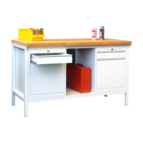 PAVOY Établi avec différents soubassements, 2 blocs tiroirs, 1 tablette