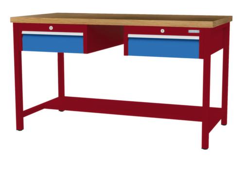 Bedrunka + Hirth Etabli avec plateau en hêtre massif Piétement en plusieurs couleurs, 2 tiroirs, 1/2 tablette