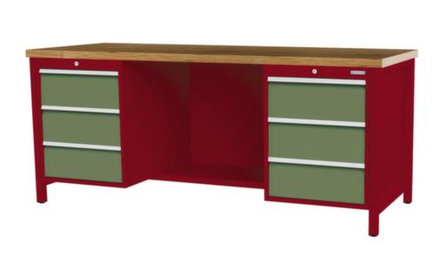 Bedrunka + Hirth Etabli avec plateau en hêtre massif Piétement en plusieurs couleurs, 6 tiroirs, 1/2 tablette