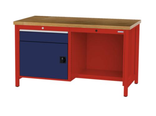 Bedrunka + Hirth Etabli avec plateau en hêtre massif Piétement en plusieurs couleurs, 1 tiroir, 1 armoire, 1/2 tablette