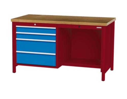 Bedrunka + Hirth Etabli avec plateau en hêtre massif Piétement en plusieurs couleurs, 4 tiroirs, 1/2 tablette