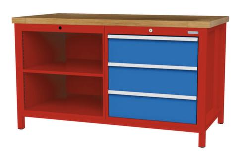 Bedrunka + Hirth Etabli avec plateau en hêtre massif Piétement en plusieurs couleurs, 3 tiroirs, 2 tablettes