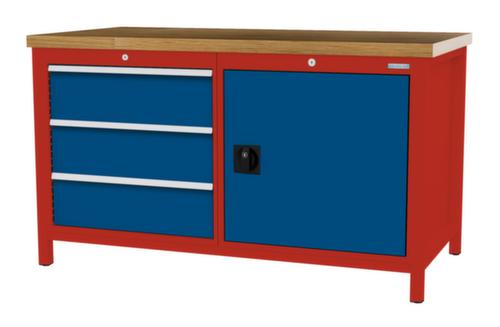 Bedrunka + Hirth Etabli avec plateau en hêtre massif Piétement en plusieurs couleurs, 3 tiroirs, 1 armoire