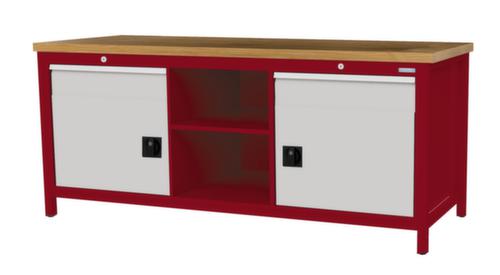 Bedrunka + Hirth Etabli avec plateau en hêtre massif Piétement en plusieurs couleurs, 2 tiroirs, 2 armoires, 2 tablettes