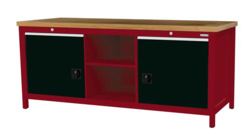 Bedrunka + Hirth Etabli avec plateau en hêtre massif Piétement en plusieurs couleurs, 2 tiroirs, 2 armoires, 2 tablettes