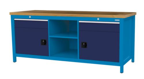 Bedrunka + Hirth Etabli avec plateau en hêtre massif Piétement en plusieurs couleurs, 2 tiroirs, 2 armoires, 2 tablettes