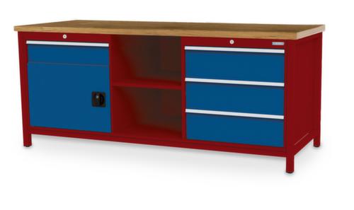 Bedrunka + Hirth Etabli avec plateau en hêtre massif Piétement en plusieurs couleurs, 3 tiroirs, 1 armoire, 2 tablettes