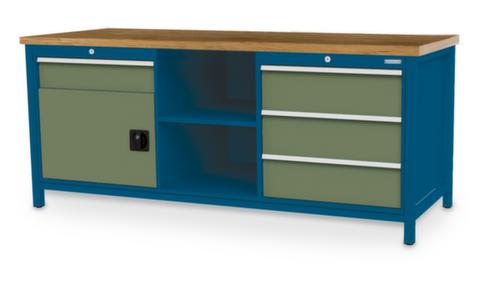 Bedrunka + Hirth Etabli avec plateau en hêtre massif Piétement en plusieurs couleurs, 3 tiroirs, 1 armoire, 2 tablettes