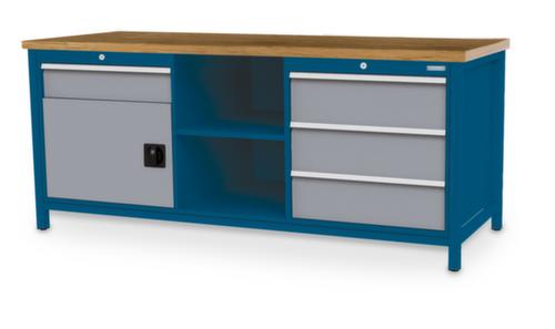 Bedrunka + Hirth Etabli avec plateau en hêtre massif Piétement en plusieurs couleurs, 3 tiroirs, 1 armoire, 2 tablettes