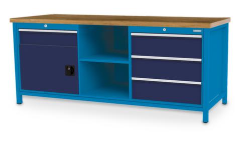 Bedrunka + Hirth Etabli avec plateau en hêtre massif Piétement en plusieurs couleurs, 3 tiroirs, 1 armoire, 2 tablettes