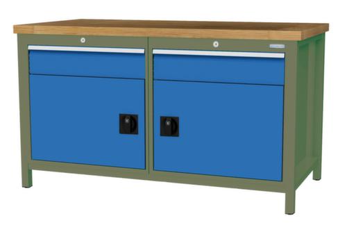 Bedrunka + Hirth Etabli avec plateau en hêtre massif Piétement en plusieurs couleurs, 2 tiroirs, 2 armoires