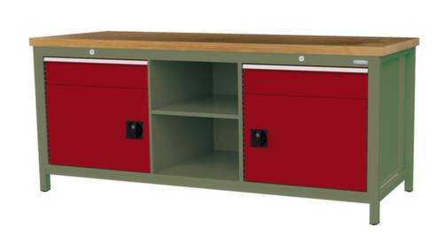 Bedrunka + Hirth Etabli avec plateau en hêtre massif Piétement en plusieurs couleurs, 2 tiroirs, 2 armoires, 2 tablettes