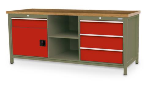 Bedrunka + Hirth Etabli avec plateau en hêtre massif Piétement en plusieurs couleurs, 3 tiroirs, 1 armoire, 2 tablettes