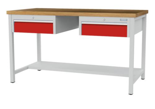 Bedrunka + Hirth Etabli avec plateau en hêtre massif Piétement en plusieurs couleurs, 2 tiroirs, 1/2 tablette