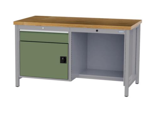 Bedrunka + Hirth Etabli avec plateau en hêtre massif Piétement en plusieurs couleurs, 1 tiroir, 1 armoire, 1/2 tablette