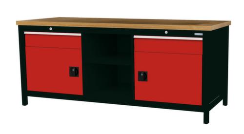 Bedrunka + Hirth Etabli avec plateau en hêtre massif Piétement en plusieurs couleurs, 2 tiroirs, 2 armoires, 2 tablettes