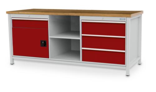Bedrunka + Hirth Etabli avec plateau en hêtre massif Piétement en plusieurs couleurs, 3 tiroirs, 1 armoire, 2 tablettes