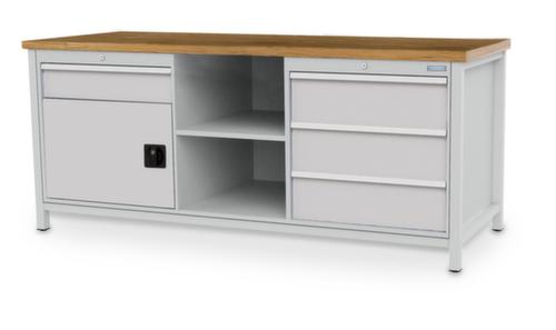 Bedrunka + Hirth Etabli avec plateau en hêtre massif Piétement en plusieurs couleurs, 3 tiroirs, 1 armoire, 2 tablettes