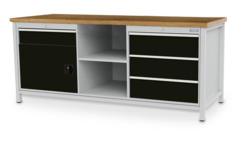 Bedrunka + Hirth Etabli avec plateau en hêtre massif Piétement en plusieurs couleurs, 3 tiroirs, 1 armoire, 2 tablettes