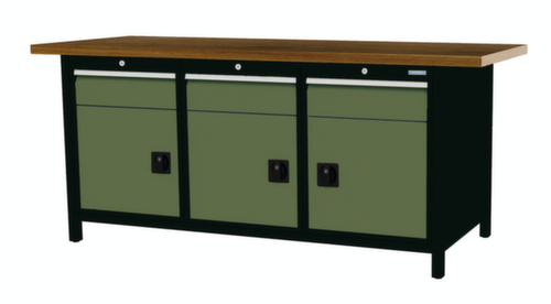 Bedrunka + Hirth Etabli avec plateau en hêtre massif Piétement en plusieurs couleurs, 3 tiroirs, 3 armoires