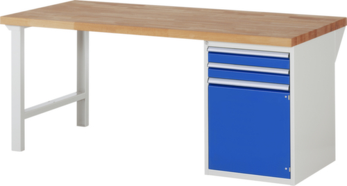 RAU établi Serie 7000 avec piètement en blocs à tiroirs, 2 tiroirs, 1 armoire, RAL7035 gris clair/RAL5010 bleu gentiane