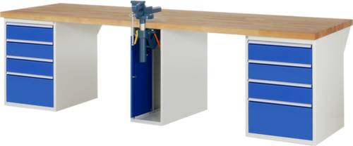 RAU établi Serie 7000 avec piètement en blocs à tiroirs, 8 tiroirs, 1 armoire, 1 étau, RAL7035 gris clair/RAL5010 bleu gentiane