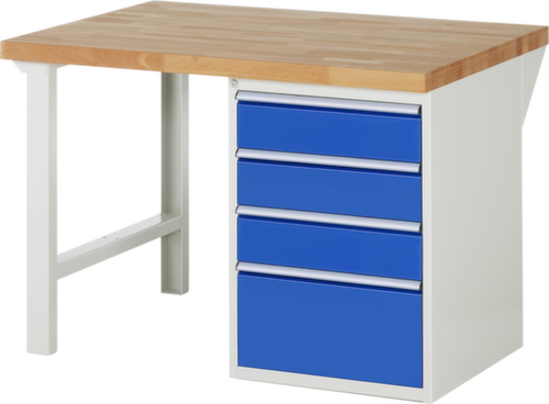 RAU établi Serie 7000 avec piètement en blocs à tiroirs, 4 tiroirs, RAL7035 gris clair/RAL5010 bleu gentiane