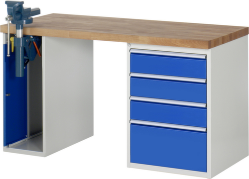 RAU établi Serie 7000 avec piètement en blocs à tiroirs, 4 tiroirs, 1 armoire, 1 étau, RAL7035 gris clair/RAL5010 bleu gentiane