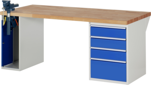 RAU établi Serie 7000 avec piètement en blocs à tiroirs, 4 tiroirs, 1 armoire, 1 étau, RAL7035 gris clair/RAL5010 bleu gentiane