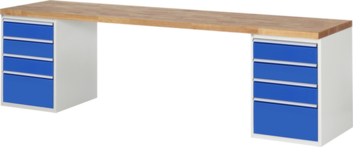 RAU établi Serie 7000 avec piètement en blocs à tiroirs, 8 tiroirs, RAL7035 gris clair/RAL5010 bleu gentiane