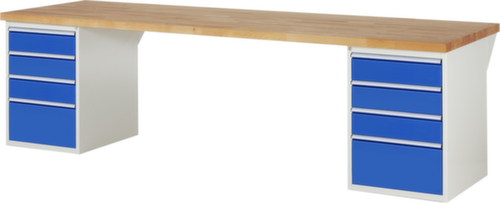 RAU établi Serie 7000 avec piètement en blocs à tiroirs, 8 tiroirs, RAL7035 gris clair/RAL5010 bleu gentiane