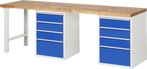 RAU établi Serie 7000 avec piètement en blocs à tiroirs, 8 tiroirs, RAL7035 gris clair/RAL5010 bleu gentiane