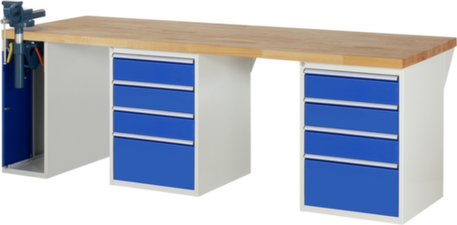 RAU établi Serie 7000 avec piètement en blocs à tiroirs, 8 tiroirs, 1 armoire, 1 étau, RAL7035 gris clair/RAL5010 bleu gentiane