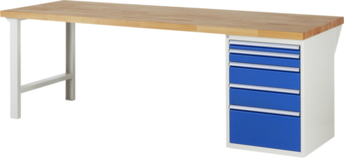 RAU établi Serie 7000 avec piètement en blocs à tiroirs, 5 tiroirs, RAL7035 gris clair/RAL5010 bleu gentiane
