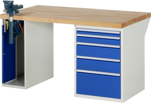 RAU établi Serie 7000 avec piètement en blocs à tiroirs, 5 tiroirs, 1 armoire, 1 étau, RAL7035 gris clair/RAL5010 bleu gentiane