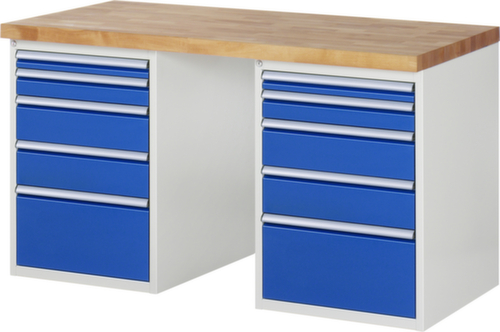 RAU établi Serie 7000 avec piètement en blocs à tiroirs, 10 tiroirs, RAL7035 gris clair/RAL5010 bleu gentiane