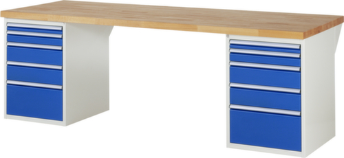 RAU établi Serie 7000 avec piètement en blocs à tiroirs, 10 tiroirs, RAL7035 gris clair/RAL5010 bleu gentiane