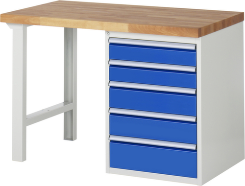 RAU établi Serie 7000 avec piètement en blocs à tiroirs, 5 tiroirs, RAL7035 gris clair/RAL5010 bleu gentiane