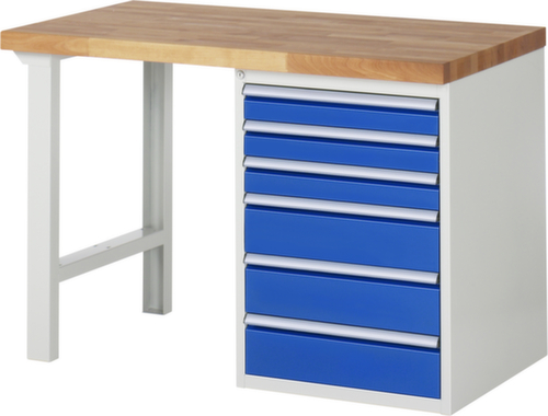 RAU établi Serie 7000 avec piètement en blocs à tiroirs, 6 tiroirs, RAL7035 gris clair/RAL5010 bleu gentiane