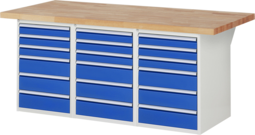 RAU établi Serie 7000 avec piètement en blocs à tiroirs, 18 tiroirs, RAL7035 gris clair/RAL5010 bleu gentiane