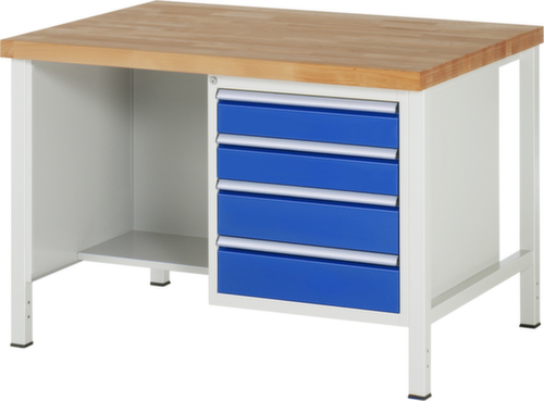 RAU Établi à hauteur réglable Serie 8000, 4 tiroirs, 2 tablettes, RAL7035 gris clair/RAL5010 bleu gentiane